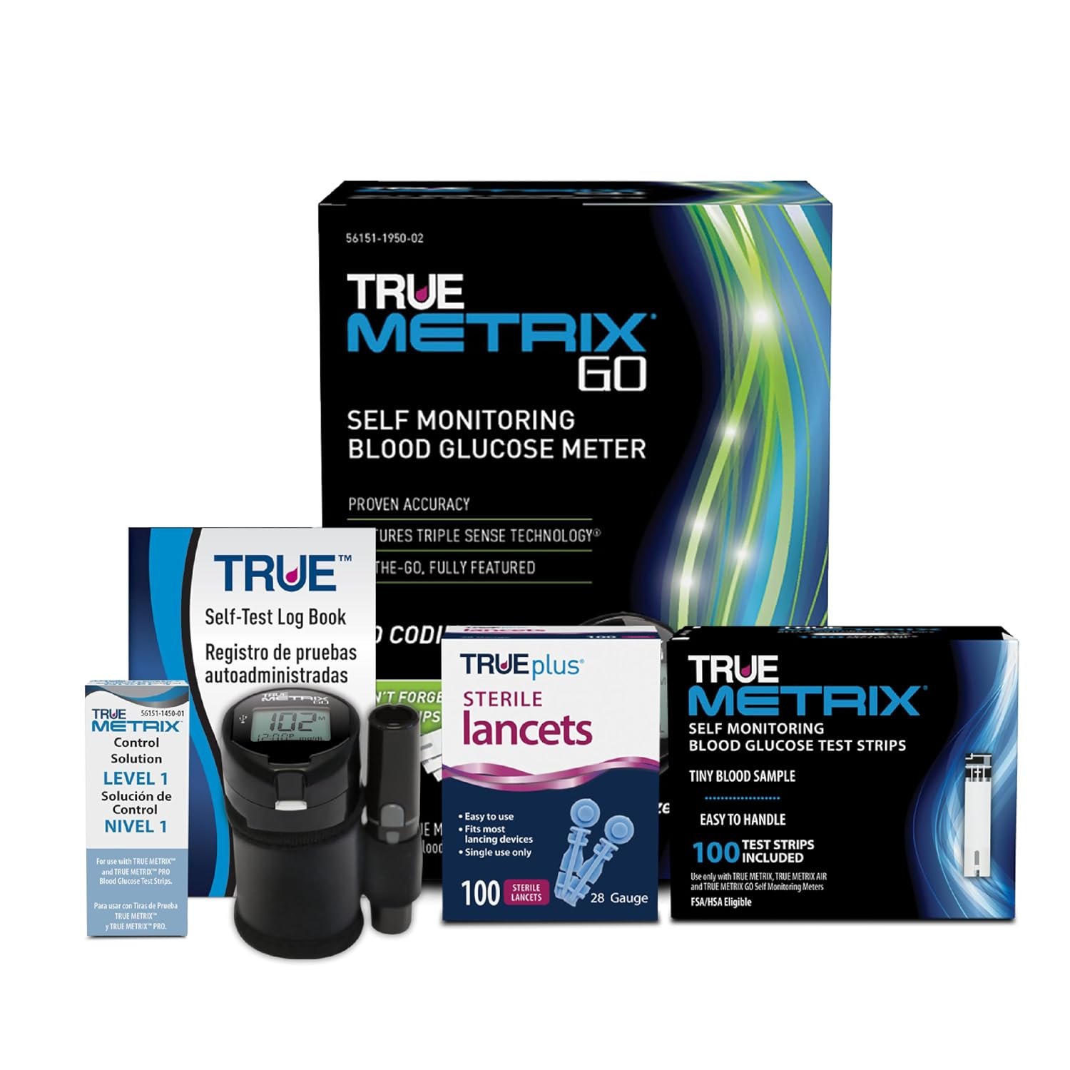 TRUE METRIX GO Meter Kit, Glucose Monitor, Supplies, Log Book, Solution