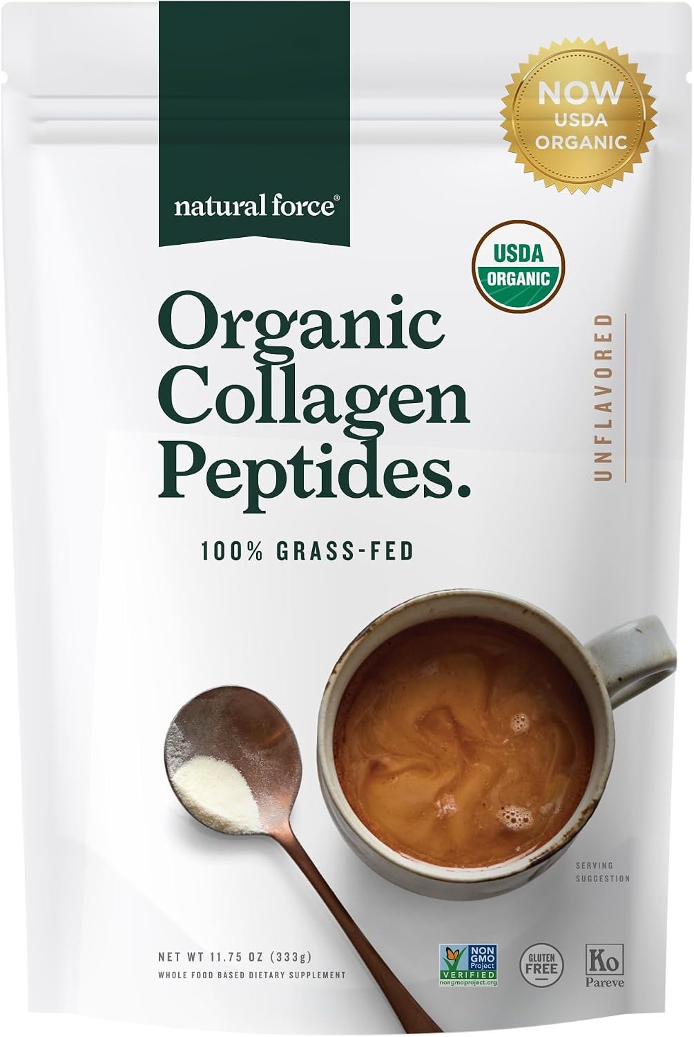 Natural Force Organic Clean Collagen Peptides Powder – USDA Certified Organic & Non-GMO, Keto & Paleo Certified – Hydrolyzed Type I & III Protein Powder with Essential Amino Acids – Unflavored, 10.7oz