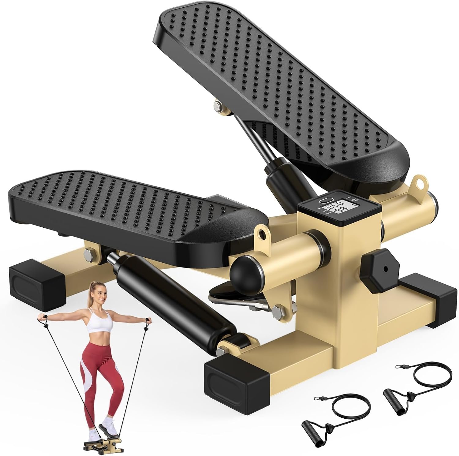 HCOIW Mini Stepper for Exercise at Home,Stair Stepper with Resistance Bands | Compact Stepping Machine with 300 lb Weight Capacity, Full Body Workout Equipment for Legs, Glutes & Cardio