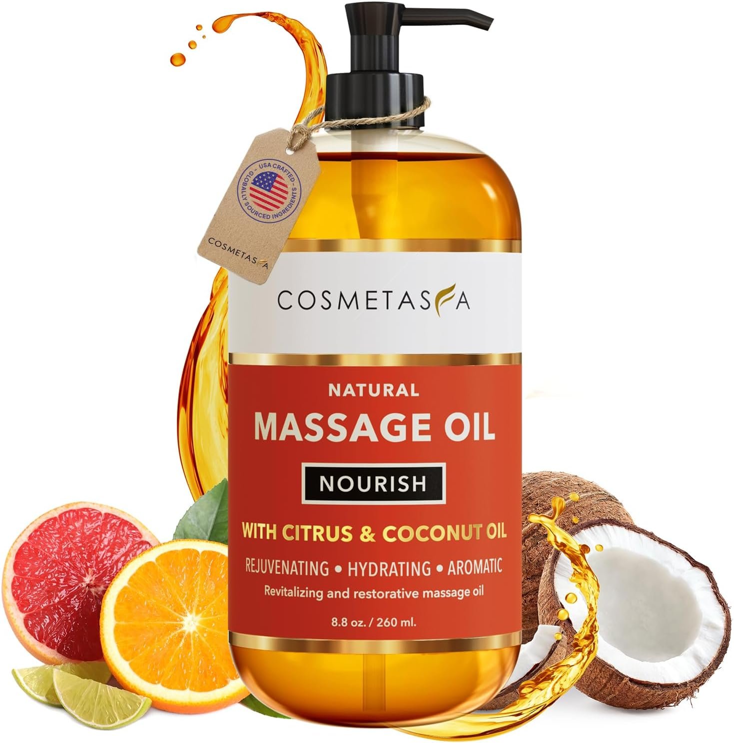 Natural Nourishing Citrus & Coconut Massage Oil- Smooth Glide, Non Greasy Therapeutic Massage Oils with Rejuvenating, Hydrating & Aromatic Essential Oils for Dry Skin, Soothes Muscle & Joints 8.8 oz