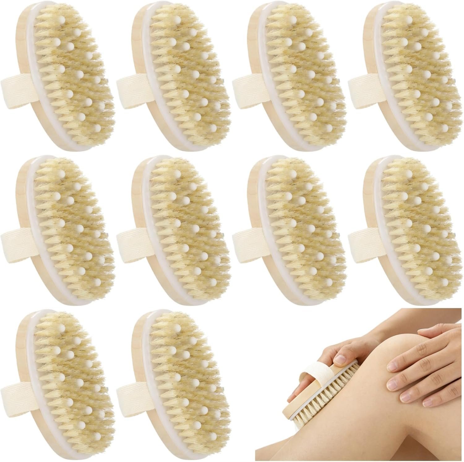 10 Pcs Dry Brushing Body Brush Set, Natural Bristle Exfoliating Body Scrubber with Massage Nodules and Hand Strap, Palm Wooden Shower Brush for Dry Skin Care, Spa Bath Routine