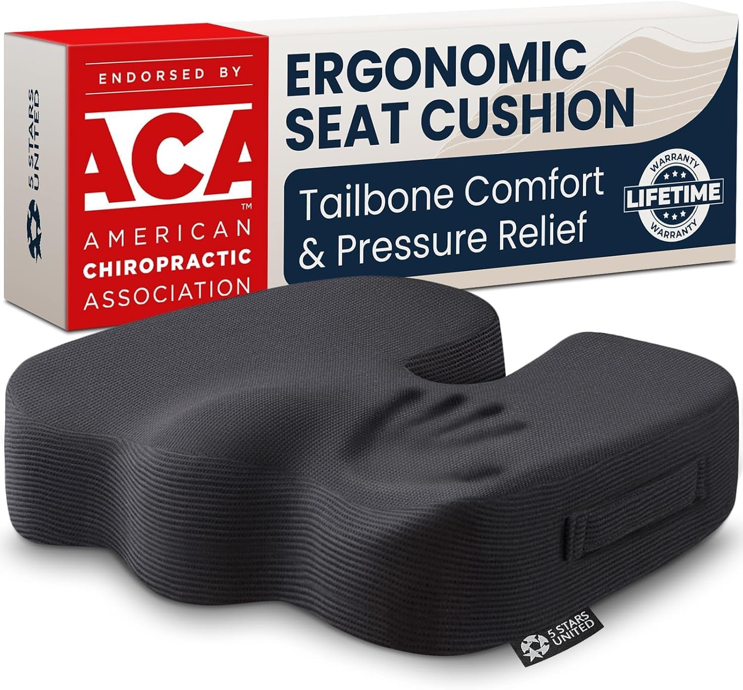 5 STARS UNITED Seat Cushion – Memory Foam Chair Pad for Tailbone Pain Relief – Ergonomic Support for Coccyx, Sciatica & Butt – Office, Desk & Gaming Chair, Car Seat, Wheelchair, Airplane, Black