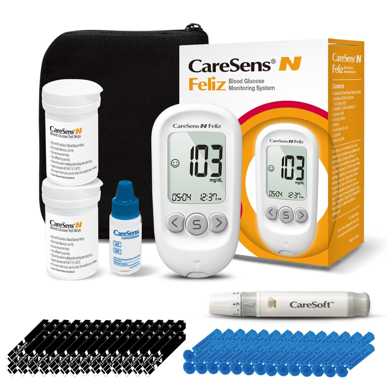 CareSens N Feliz Blood Glucose Monitoring Kit with 100 Blood Sugar Test Strips, 100 Lancets, 1 Blood Glucose Meter, 1 Lancing Device, 1 Control Solution, Travel Case for Diabetes Testing Kit for Personal Use