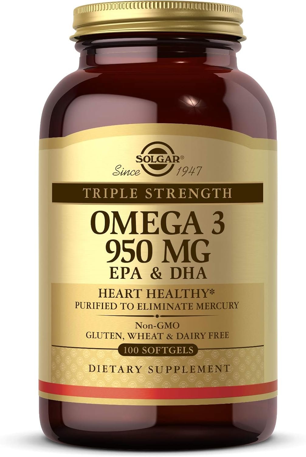 Solgar Triple Strength Omega-3 950 mg, 100 Softgels – Supports Cardiovascular, Joint & Skin Health – Heart Healthy Supplement – Essential Fatty Acids – Non GMO, Gluten Free, Dairy Free – 100 Count