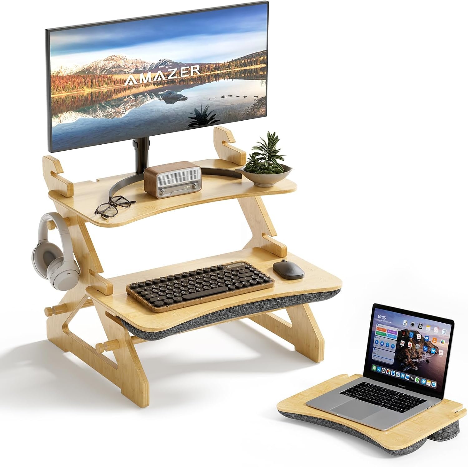 Amazer 22 inch Standing Desk Converter, Bamboo Desk Riser with Lap Desk