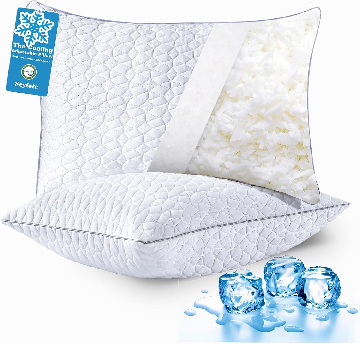 Cooling Shredded Memory Foam Pillows Queen Size Set of 2, 20″ x 30″, White