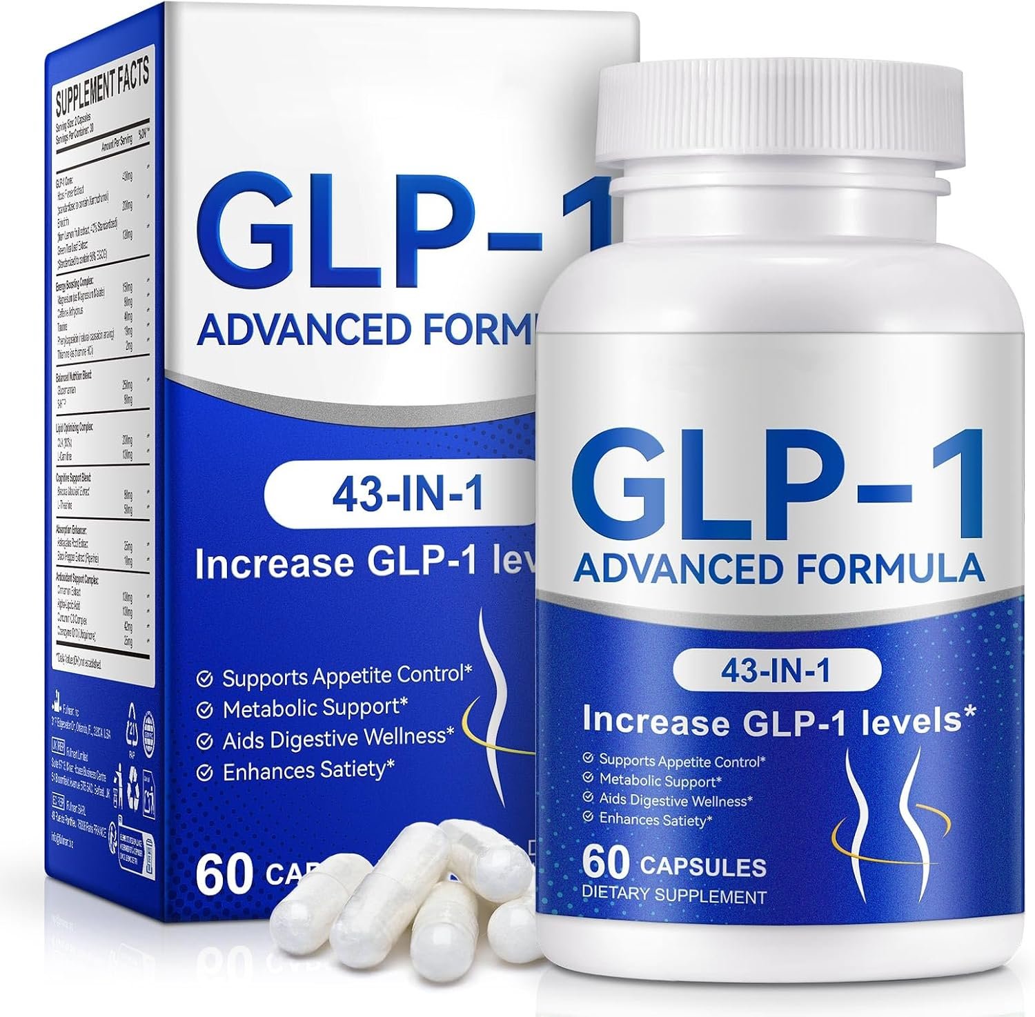 GLP-1 Supplement for Women & Men, 43-in-1 Natural Complex to Boost GLP-1 Levels, Support Appetite Control, Satiety, Metabolism & Digestive Health, Probiotic Nutritional Supplements – 60 Capsules