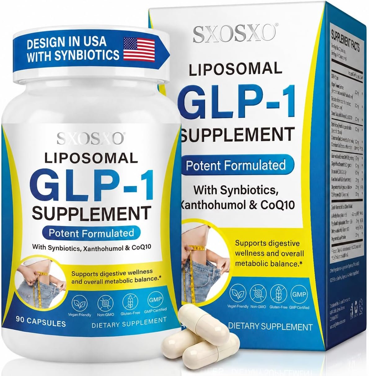 SXOSXO GLP-1 Supplement – Appetite Control Formula with Synbiotics – Prebiotic and Probiotic for Women & Men, Boost Metabolism & Support Gut Health, 90 Capsules