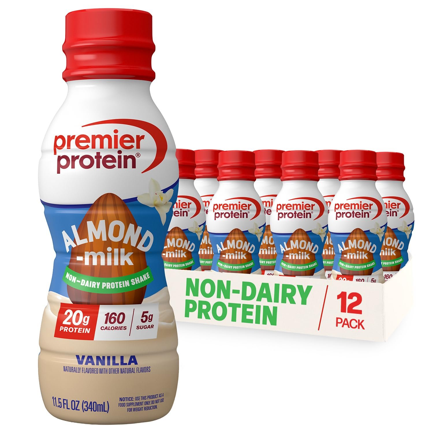Premier Protein Non-Dairy Almondmilk Protein Shake, 20g, Vanilla, 12 Pack