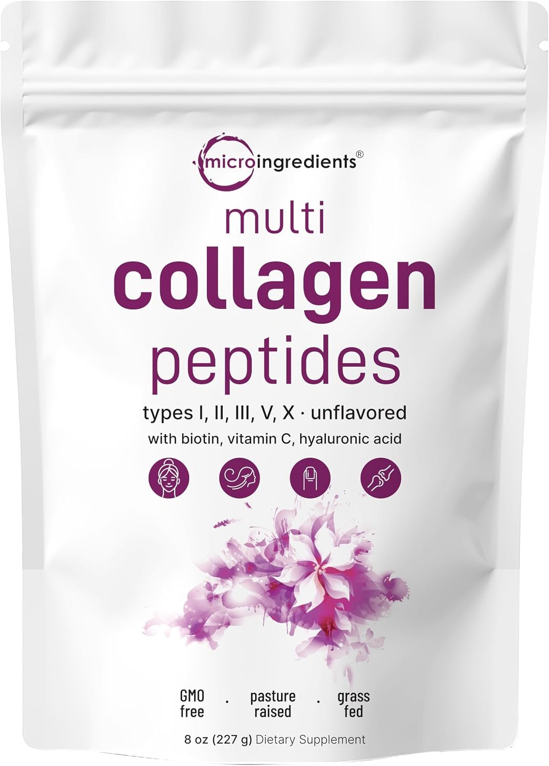 Micro Ingredients Multi Collagen Peptides Powder, 8oz (20 Servings) – Hydrolyzed Type I,II,III,V,X with Biotin, Hyaluronic Acid, Vitamin C – Unflavored Collagen for Women & Men, Easy Dissolve