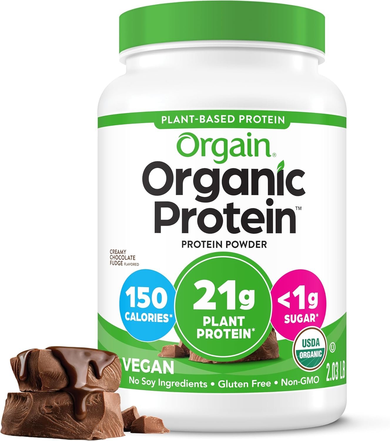 Orgain Organic Vegan Protein Powder, Creamy Chocolate Fudge – 21g Plant Protein, 6g Prebiotic Fiber, Low Net Carb, No Lactose Ingredients, No Added Sugar, Non-GMO, For Shakes & Smoothies, 2.03 lb