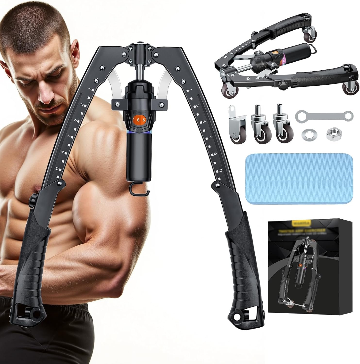 Twister Arm Trainer, 3 in 1 Hydraulic Power Chest Workout Equipment with Ab Roller Wheels and Hooks, Adjustable 22-440lbs Arm Trainer for Men Women, Home Gym Equipment for Full Body Strength Training