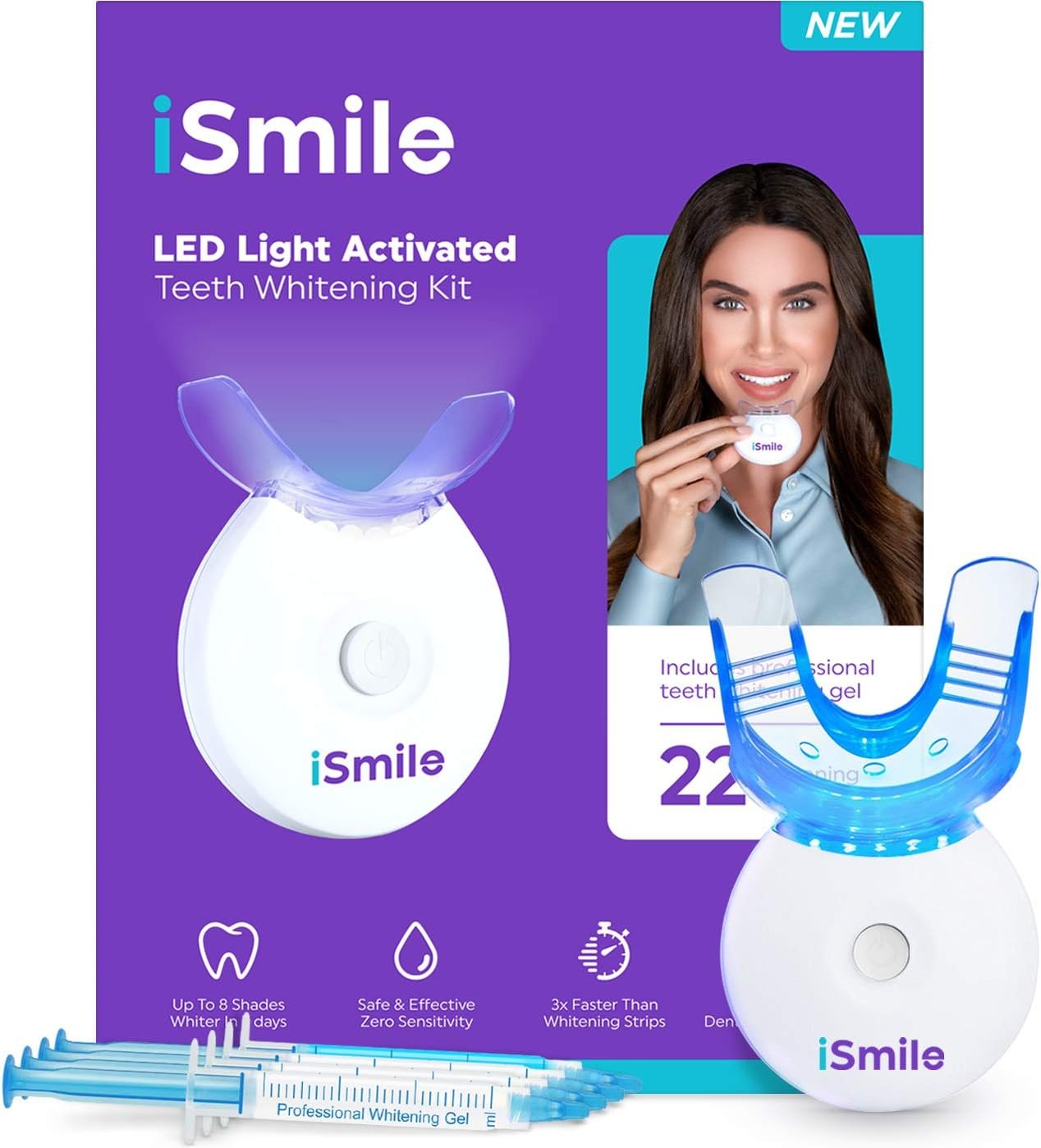 iSmile Teeth Whitening Kit – LED Light, 35% Carbamide Peroxide, (3) 3ml Gel Syringes, (1) Remineralization Gel, and Tray.