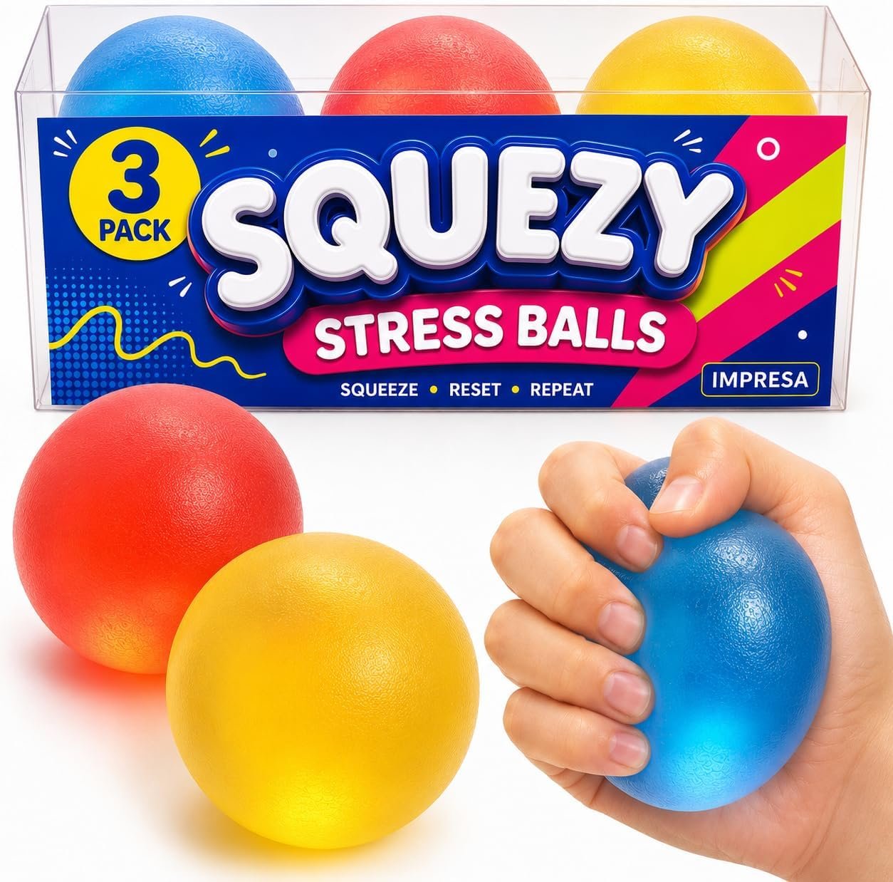 IMPRESA Squishy Stress Ball Set – Sensory Toys for Kids – Fidget Toys for Adults – Tear-Resistant Squeeze Balls for Stress Relief – Pack of 3, Multicolor