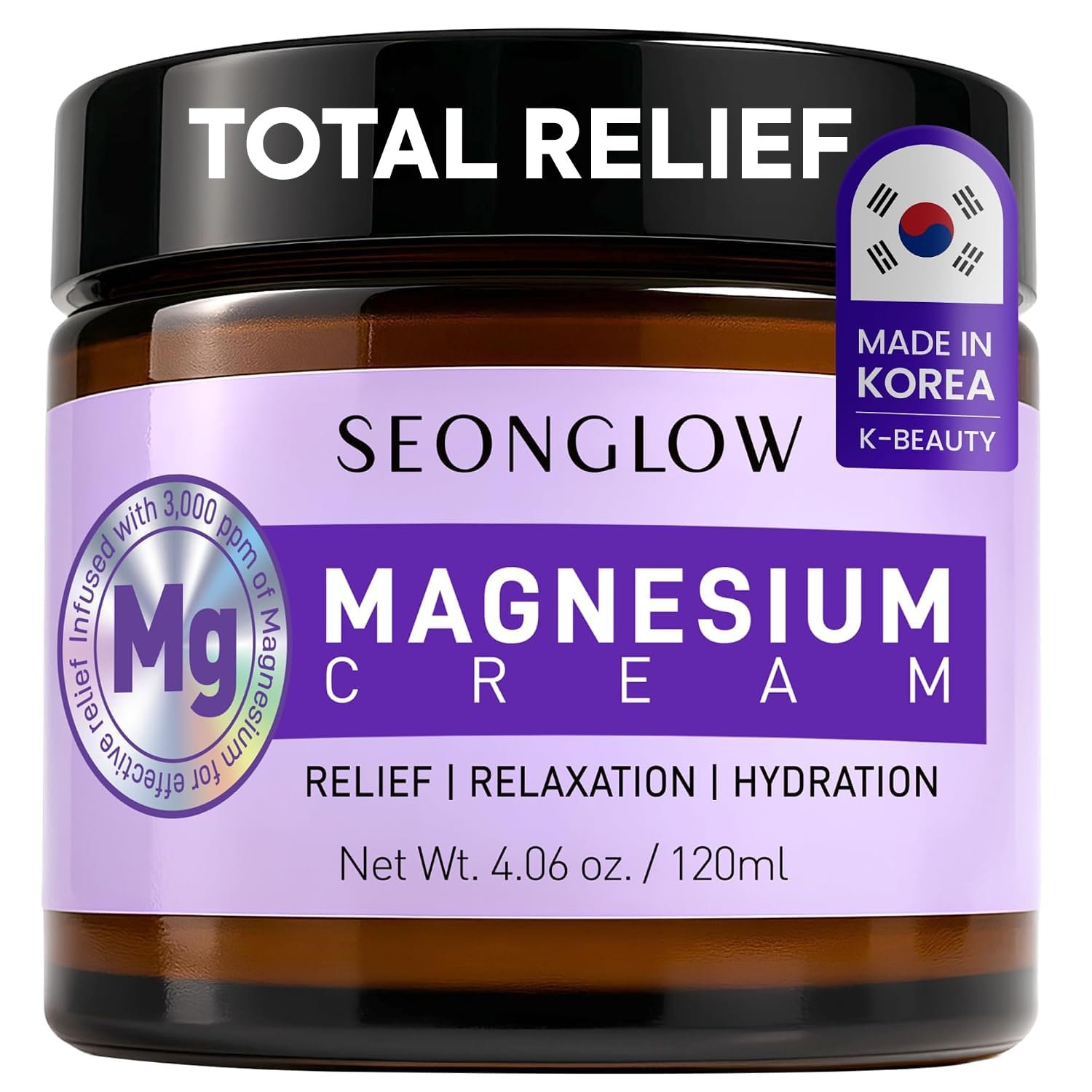 Total Relief Magnesium Cream for Sleep, Leg Cramps & Muscles – Fast Absorbing Topical Magnesium Chloride Lotion, Kids and Adults 4.06 Fl Oz – Made in Korea