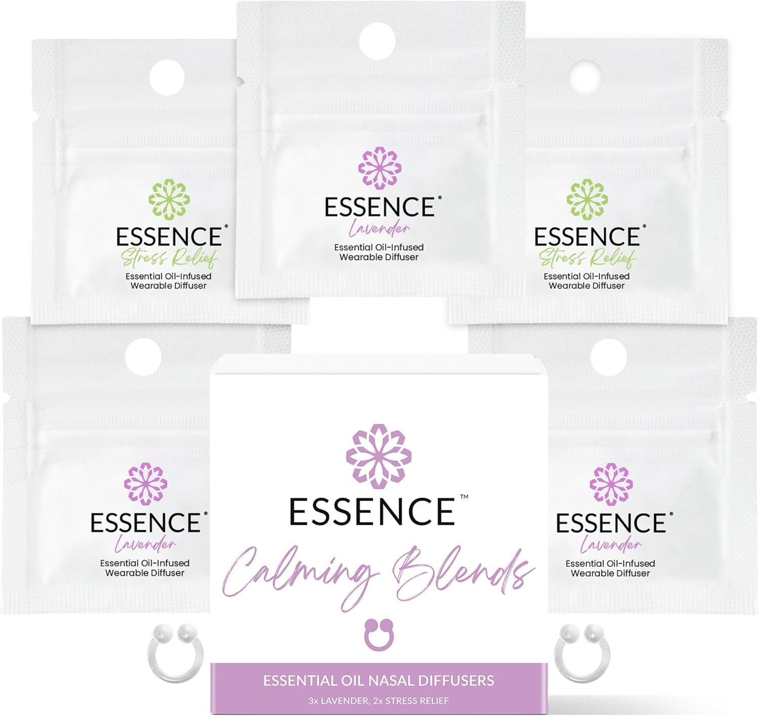 Essence Nasal Diffuser Calming Bundle – Aromatherapy Essential Oil Silicone Nose Rings for Stress & Sleep Support – Wearable Lavender & Stress Relief Blends for Relaxation & Nighttime Use