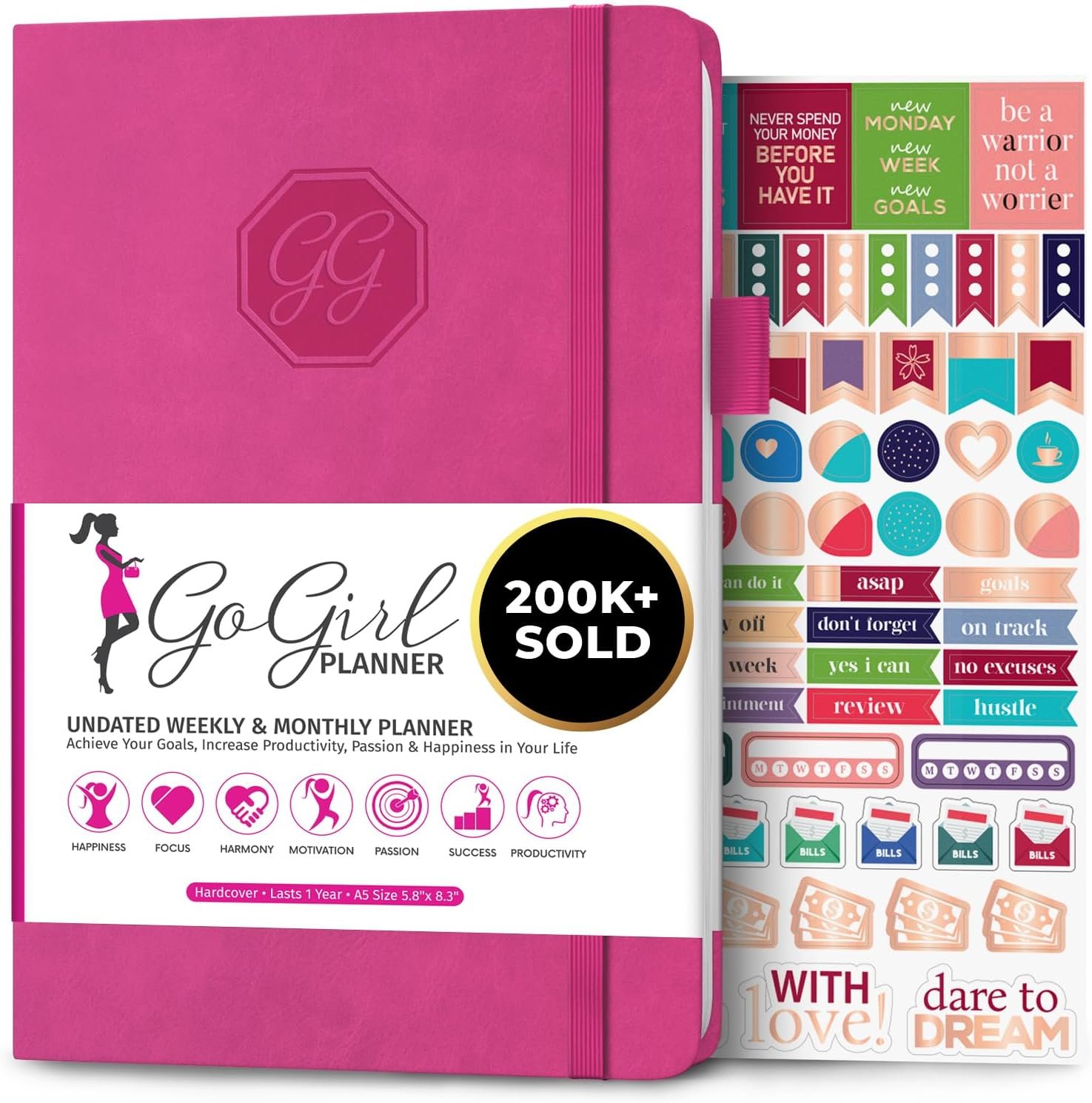 GoGirl Planner for Women, Undated Weekly Agenda Journal, Hot Pink