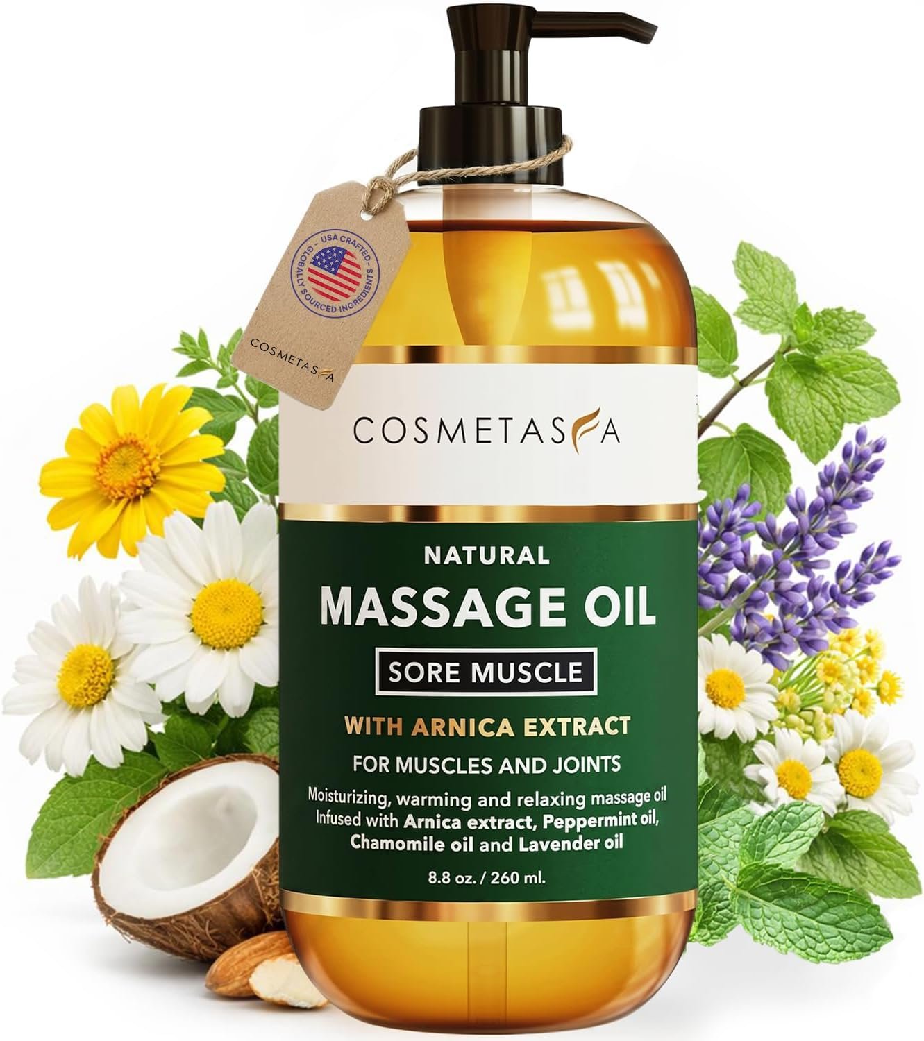 Cosmetasa Sore Muscle Massage Oil – 8.8 oz, Soothes Muscle and Joint with Arnica Extract, Peppermint, Chamomile, and Lavender Oil (8.8 oz, Sore Muscle)