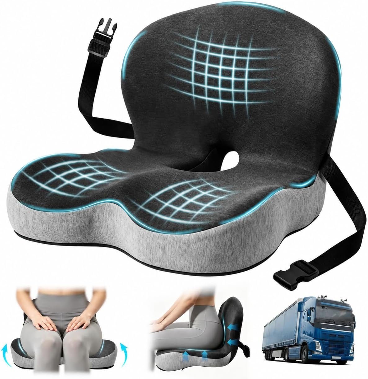 Seat Cushion, Seat Cushions for Office Chairs & Car, Ergonomic L-Shaped Chair Cushion with Adjustable Strap, Memory Foam Cushion for Long Sitting