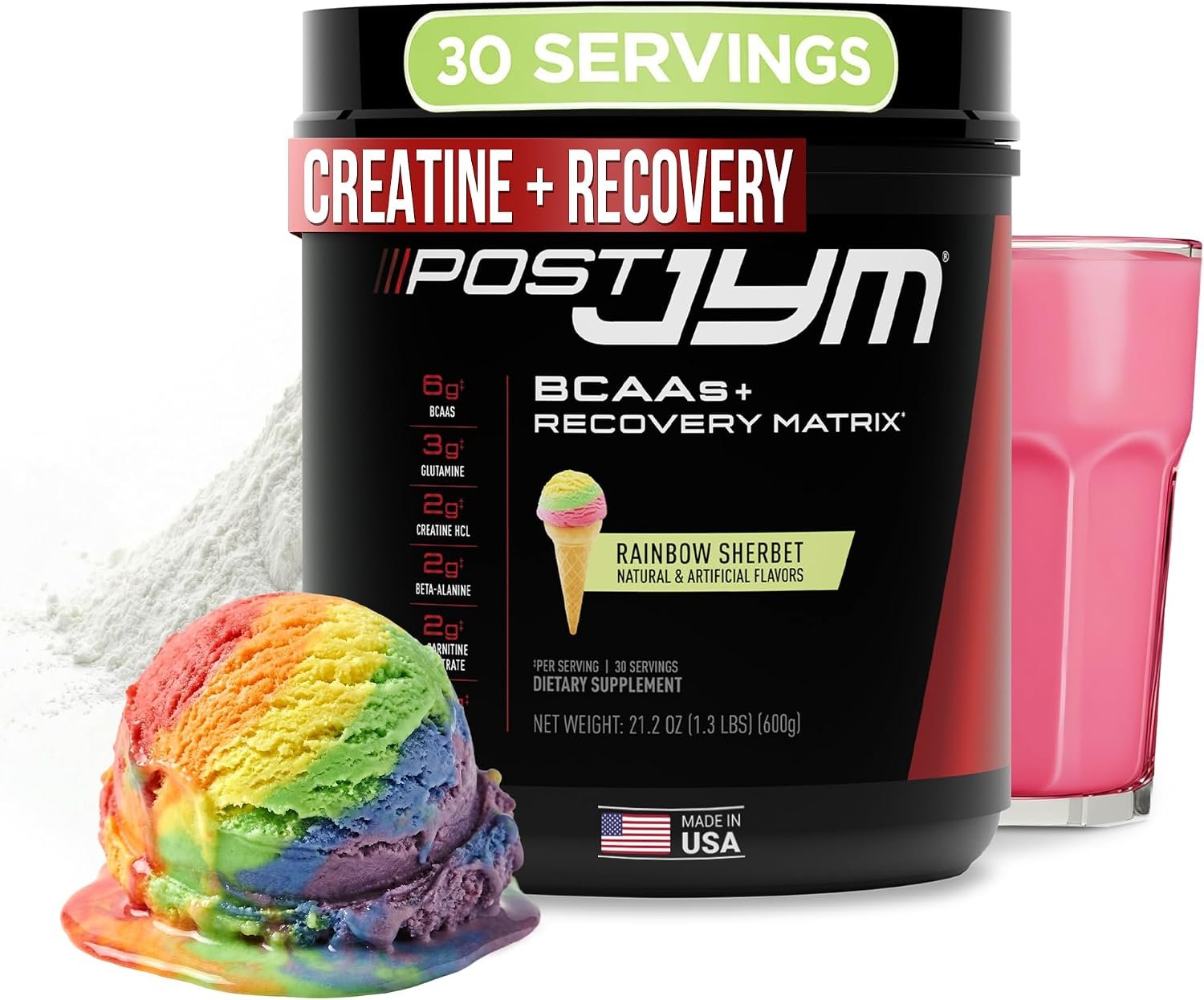 JYM Supplement Science Post JYM Active Matrix Rainbow Sherbet Amino Recovery Powder Pure Creatine HCL, BCAA’s, Glutamine, Carnitine, Betaine, Taurine for Strength, Repair, Performance 30 Servings