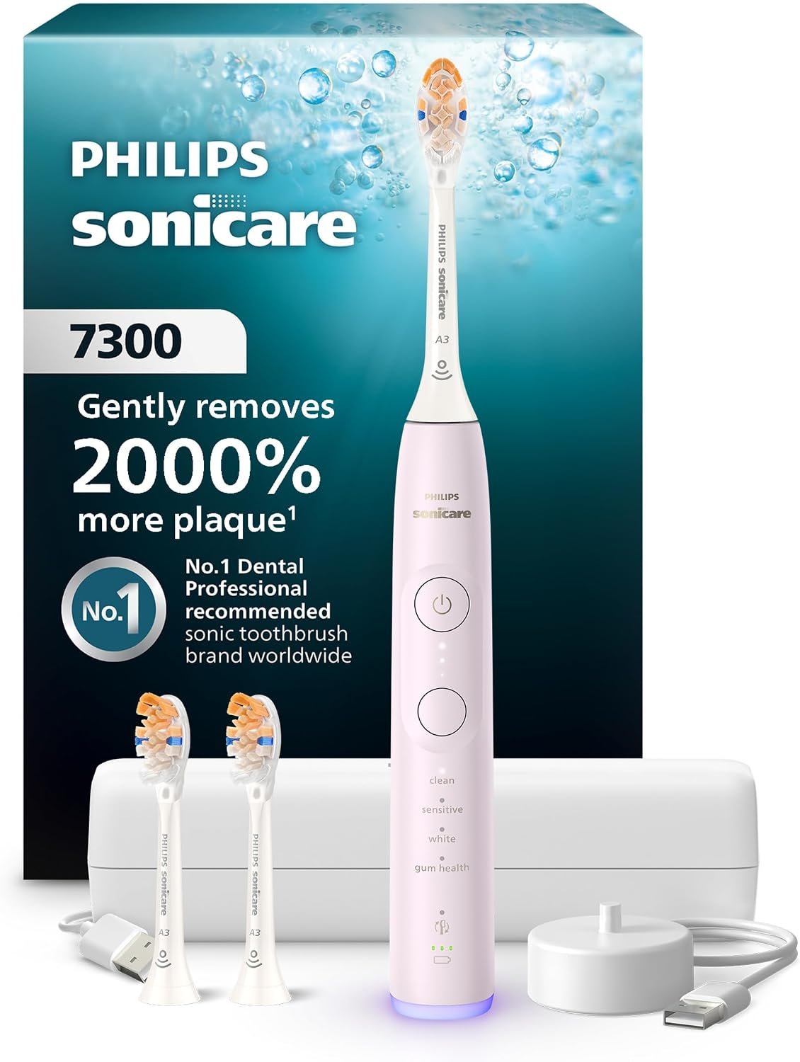 Philips Sonicare 7300 Rechargeable Electric Toothbrush, 3 Brush Head, Pink
