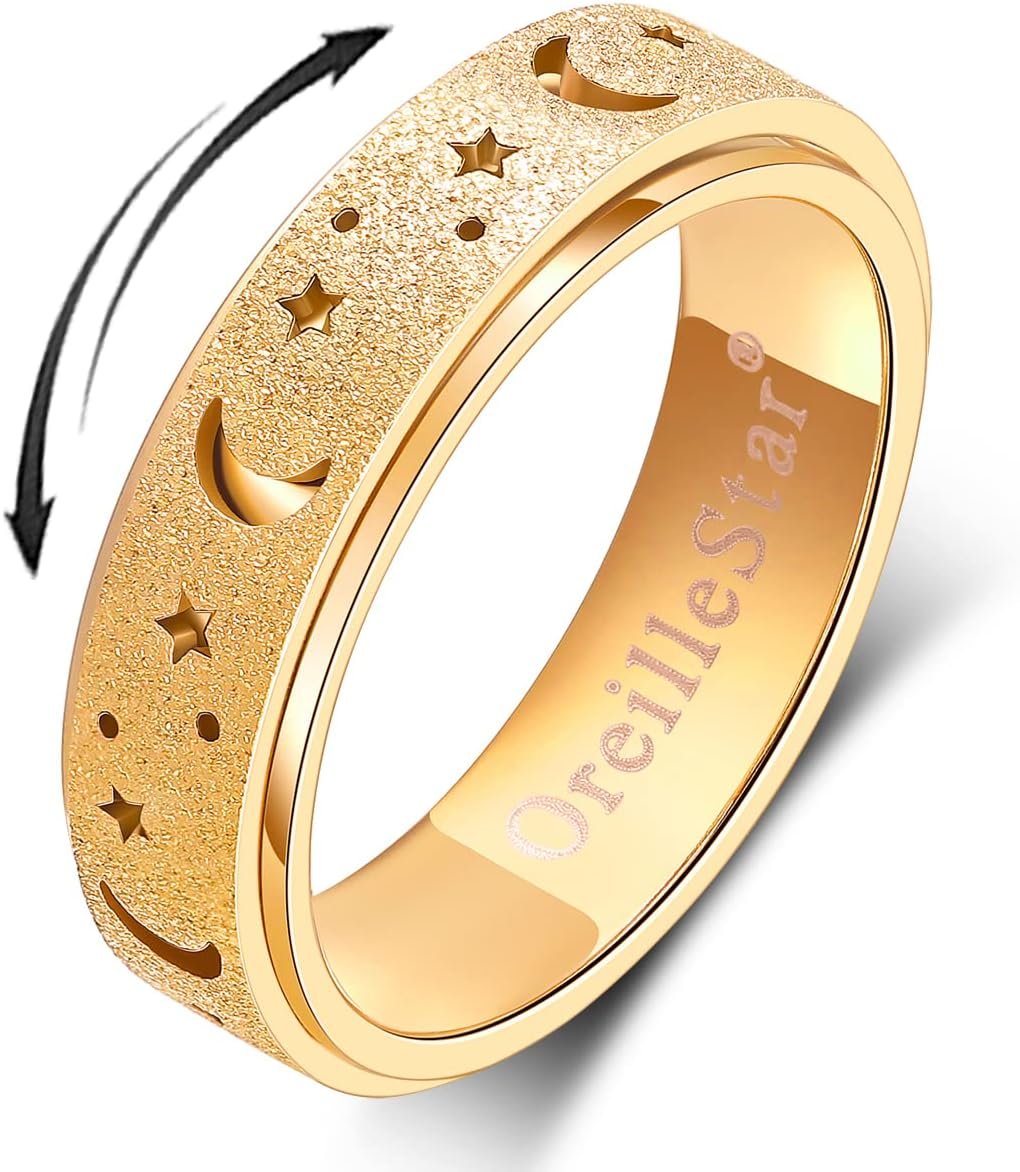 OreilleStar Anxiety Ring for Women Spinner Ring Stainless Steel Fidget Toys Adults Fidget Spinner Ring Fidgit Ring (Moon Star-Gold, 8)