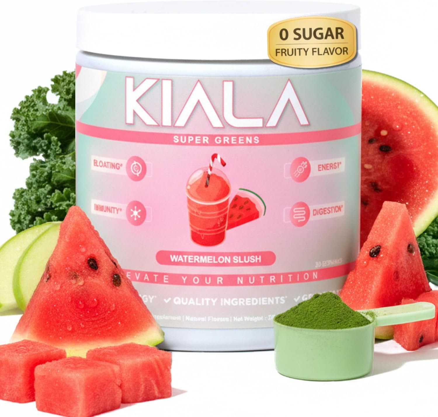 Kiala Nutrition Super Greens Powder with Spirulina & Chlorella for Digestion, Gut Health, Immunity, Adaptogens, Energy, Gluten Free, Vegan, Sugar Free, Watermelon Slush, 30 Servings