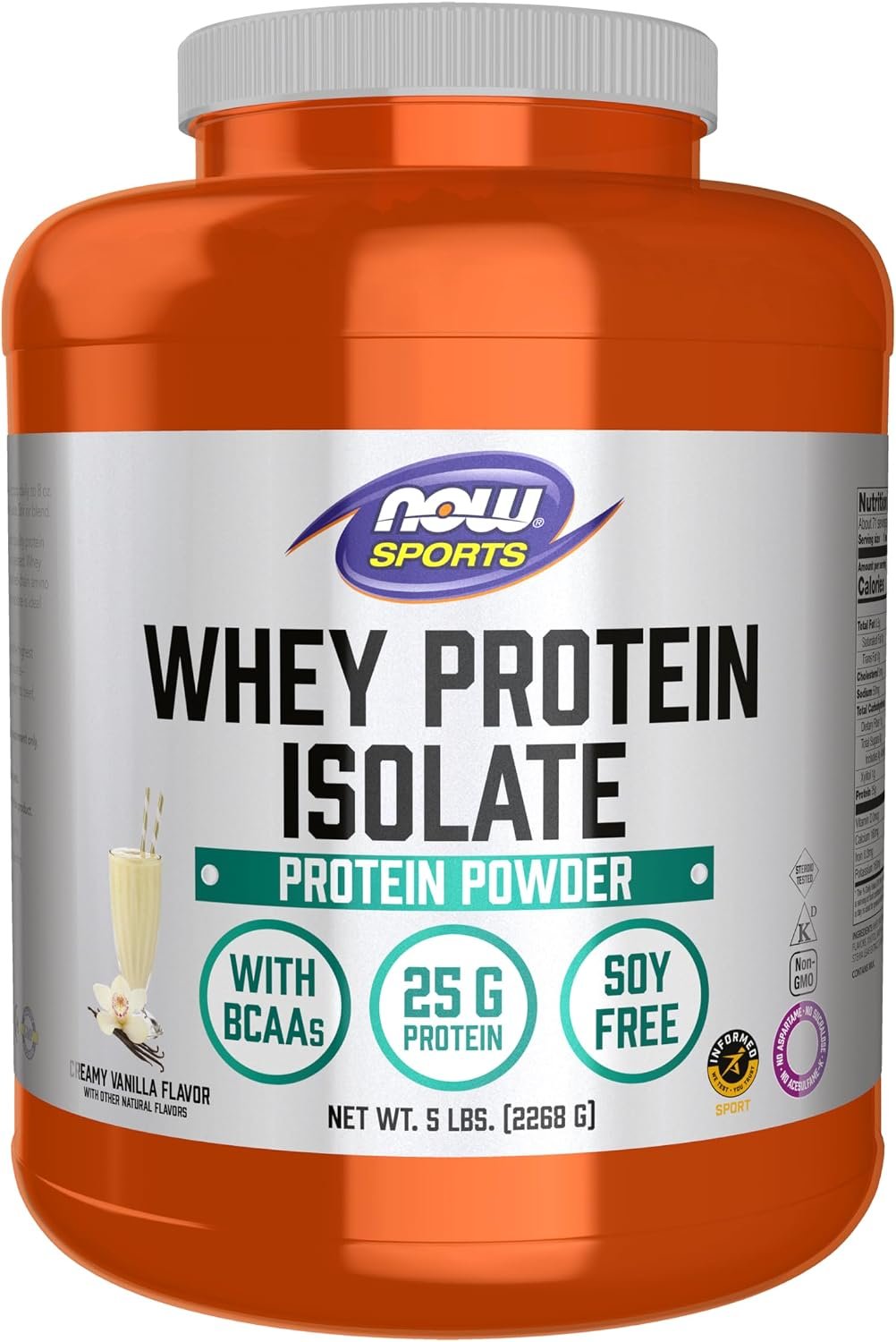 NOW Sports, Whey Protein Isolate 25 g With BCAAs, Vanilla Flavor, 5 lbs