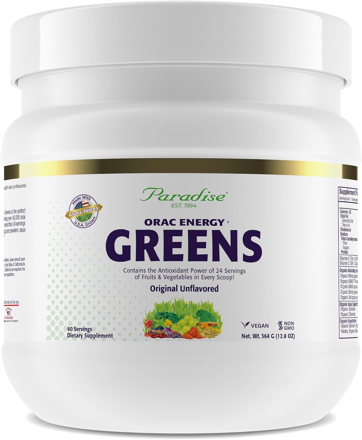 Paradise Herbs ORAC Energy Greens Powder, Spirulina, 60 Servings