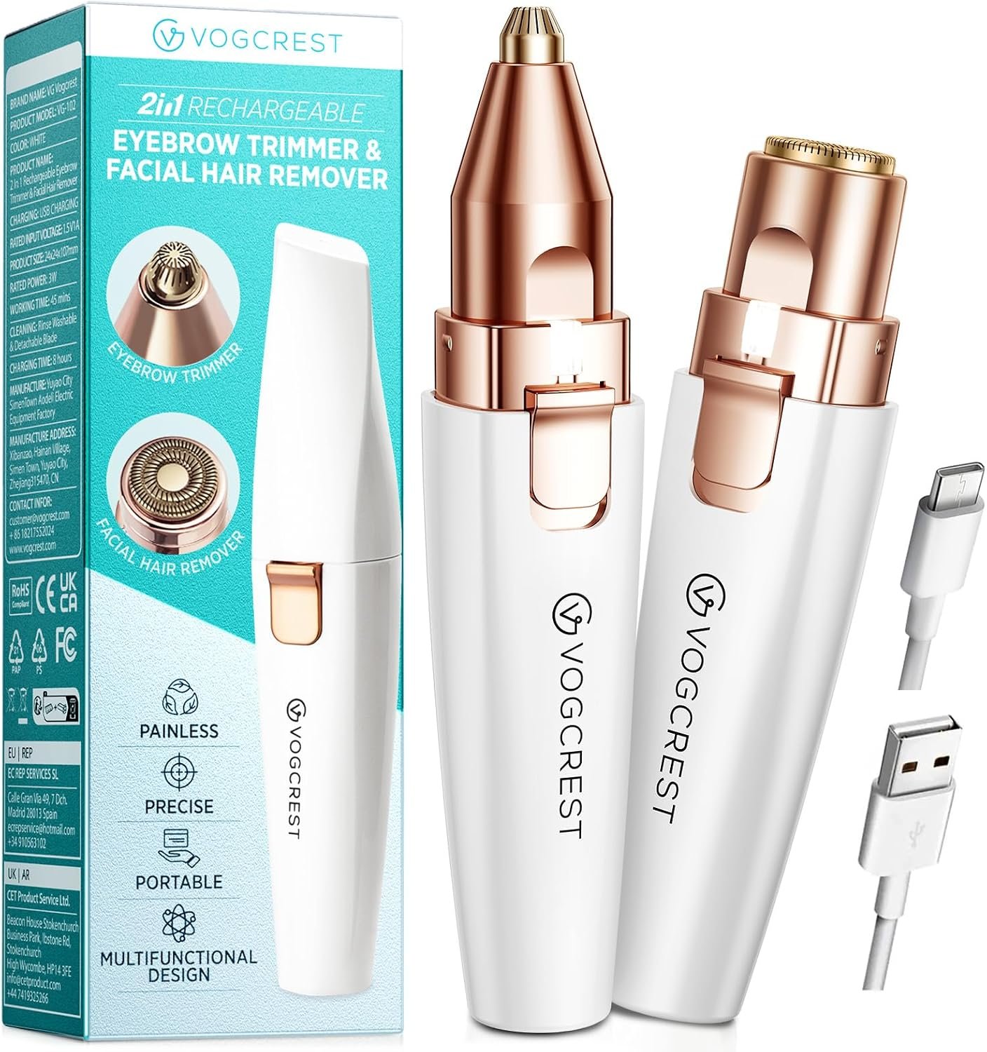 Rechargeable Eyebrow and Facial Hair Remover for Women – 2 in 1 Razor with Built-in LED Light for Painless Hair Removal