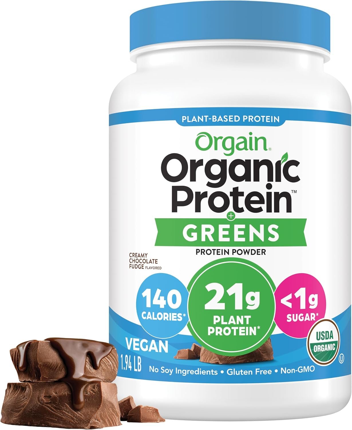 Orgain Organic Vegan Protein Powder + Greens, Creamy Chocolate Fudge – 21g Plant Based Protein, Gluten Free, Dairy & Lactose Free, Soy Free, No Sugar Added, Iron & Prebiotics for Gut Health – 1.94lb
