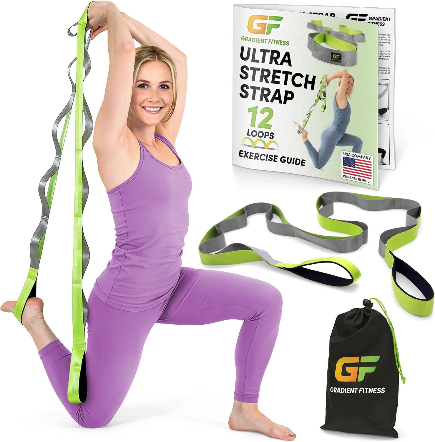 Gradient Fitness Stretching Strap, Premium Quality Multi-Loop Strap, Neoprene Padded Handles, 12 Loops, 1.5″ W x 8′ L