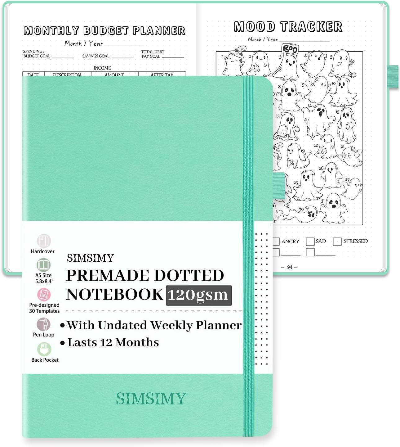 Premade Bullet Dotted Journal Notebook, Pre-made Dot Grid Journaling with Undated Weekly & Monthly Planner – 12 Month Organization for Habit / Mood / Meals / Sleep / Exercise Trackers,