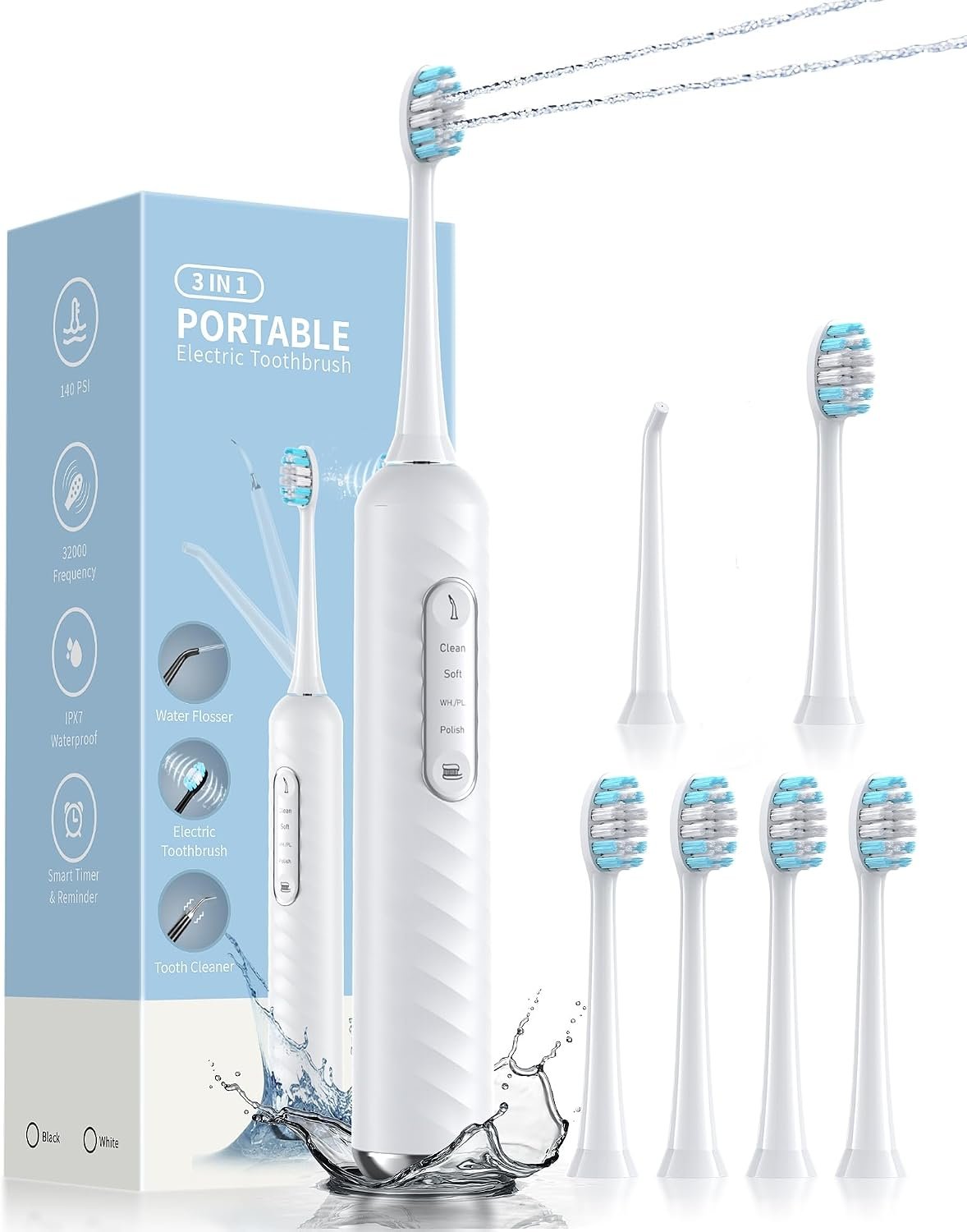 Electric Toothbrush with Water Flosser – 2 in 1 Teeth Cleaning Kit, Electric Toothbrush and flosser Combo with 3 Cleaning Modes, Portable Water flosser Design for Home & Travel (White)