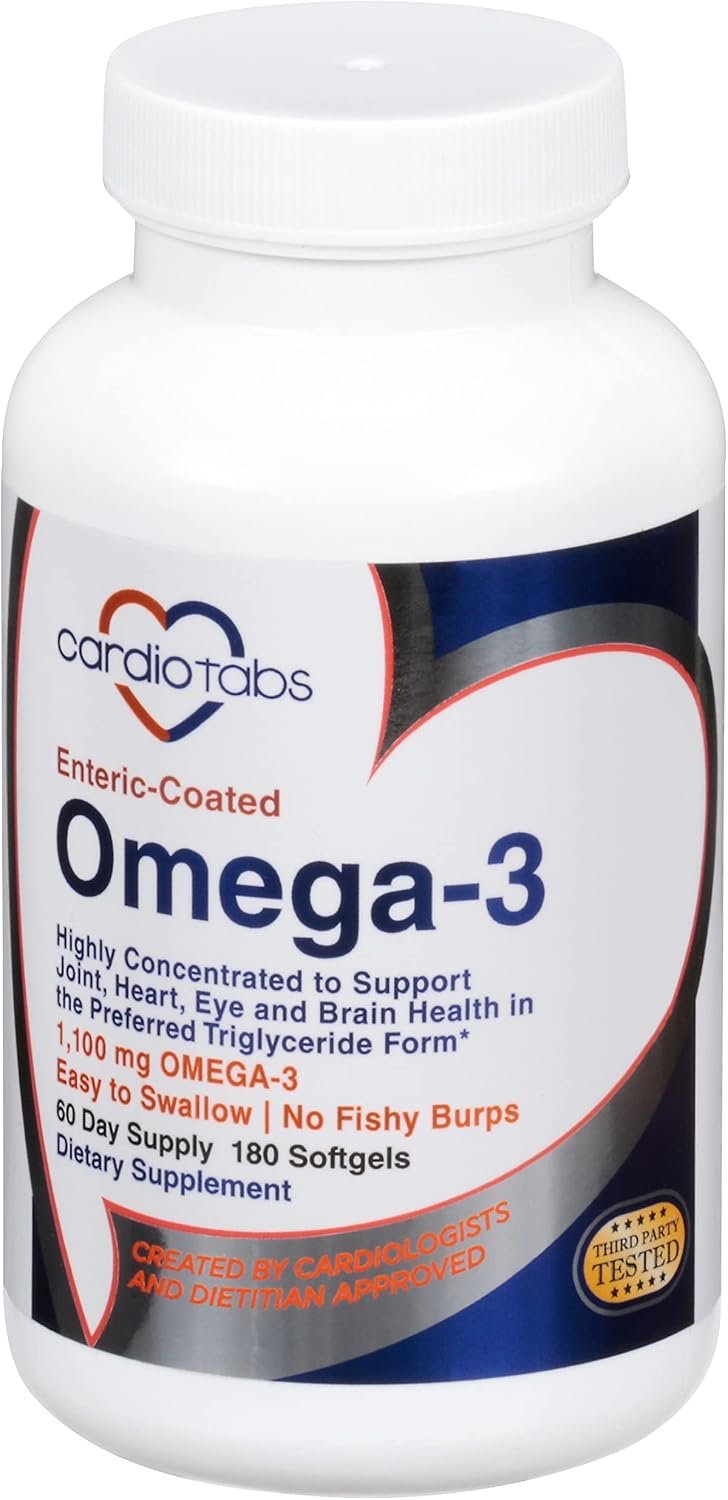 Omega-3 Enteric-Coated Fish Oil Supplements, Triglyceride Form, 1100 mg Total Omega-3 Fatty Acids, Non-Dairy and Gluten-Free, Special Enteric Coated Softgels for No Fishy Burps – 180 Count