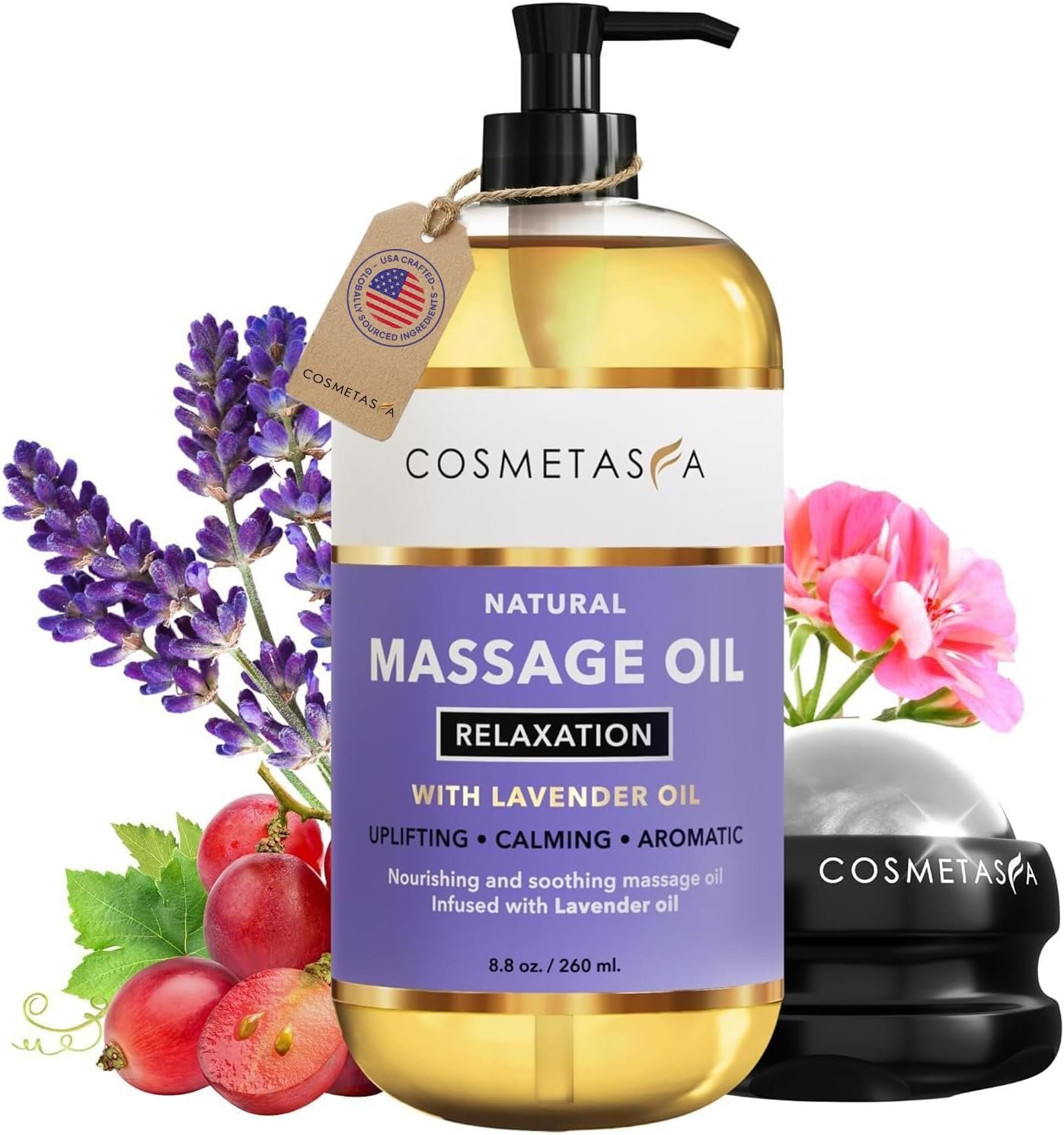 Cosmetasa Lavender Massage Oil for Massage Therapy with Roller – All Natural, Cruelty-Free & Spa Quality Skin Therapy Oil & Soothing Care – Lavender, Geranium & Grapeseed Oil (8.8 oz)