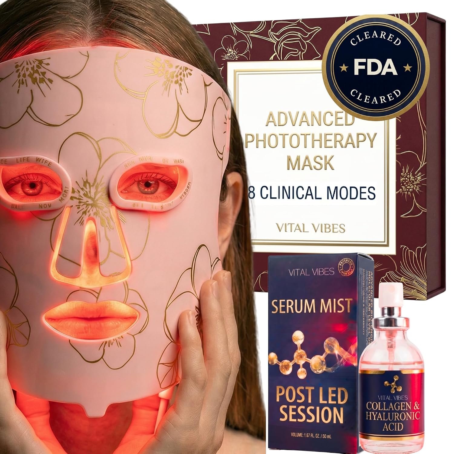 Vital Vibes FDA Cleared Red Light Therapy LED Face Mask + Collagen Serum