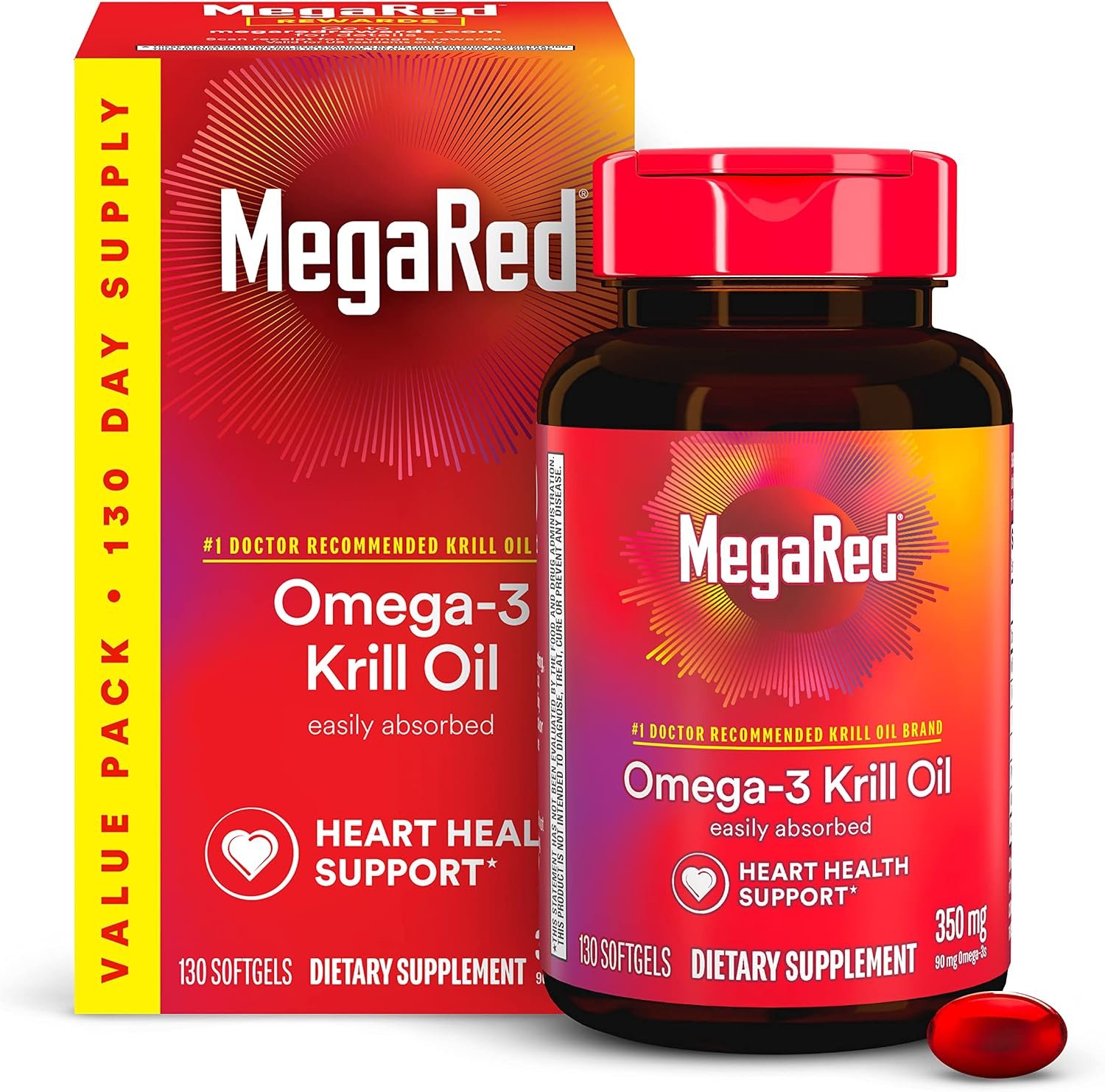 MegaRed – Omega-3 Krill Oil 350mg Softgels (130 Count in A Bottle), EPA & DHA Omega-3 Fatty Acids with No Fishy Aftertaste Unlike Fish Oil, Contains Antioxidant Astaxanthin