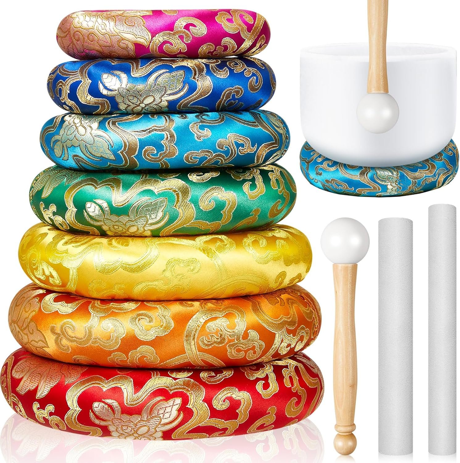 Singing Bowl Cushion Set, 7 Silk Rings & 3 Mallets, 6-12″, Rainbow