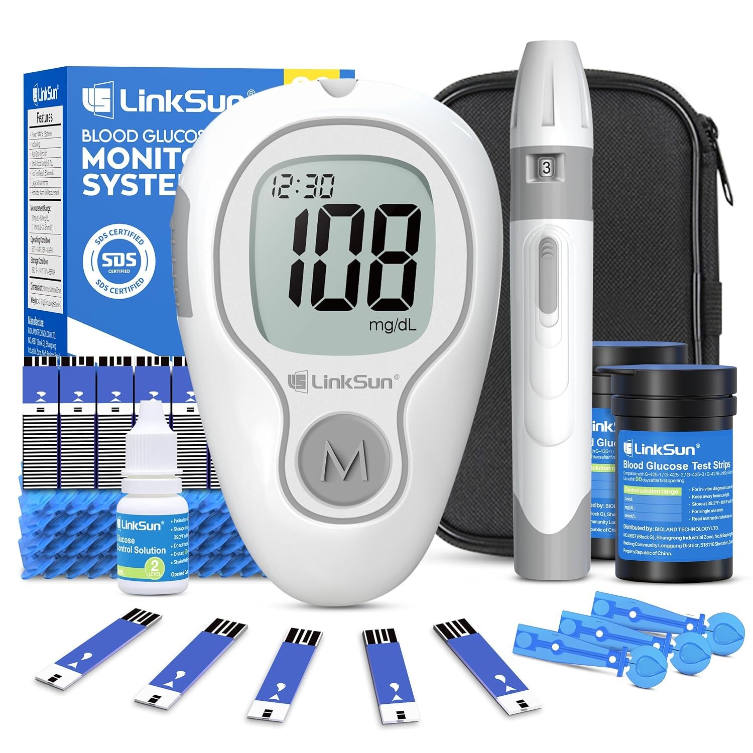 LinkSun Glucose Monitor Kit, 100 Strips & Lancets, No Coding, G-425-3