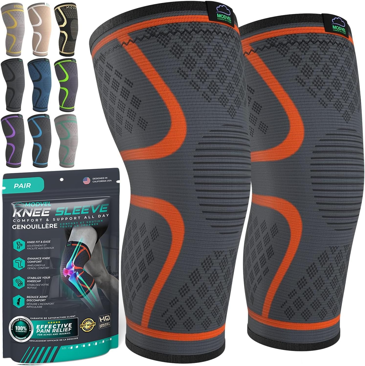 Modvel Compression Knee Brace for Women & Men – 2 Pack Knee Brace for Running Knee Pain, Knee Support Compression Sleeve, Workout Sports Knee Braces for Meniscus Tear ACL & Arthritis Pain Relief