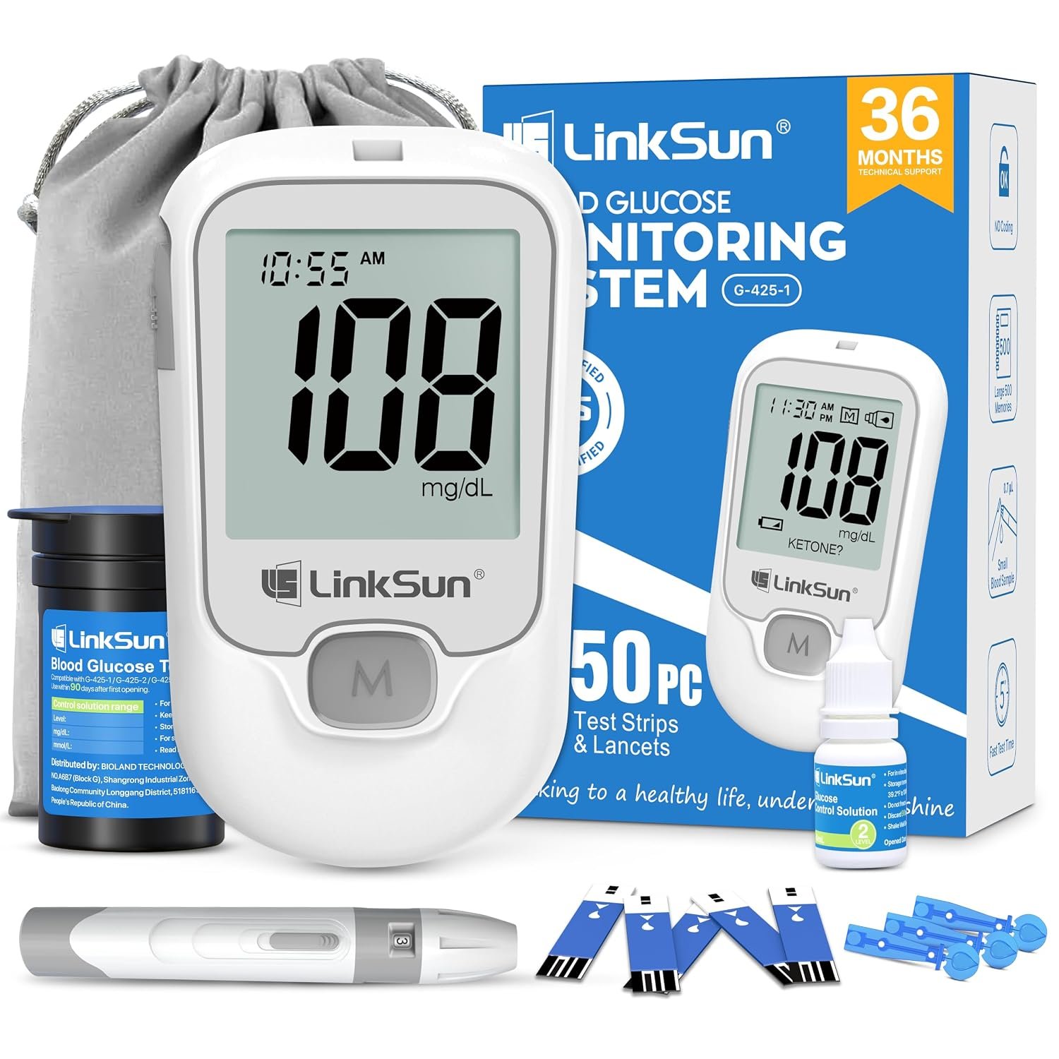 Blood Sugar Testing Kit, 50PC Strips & Lancets, 5S Results, G-425-1