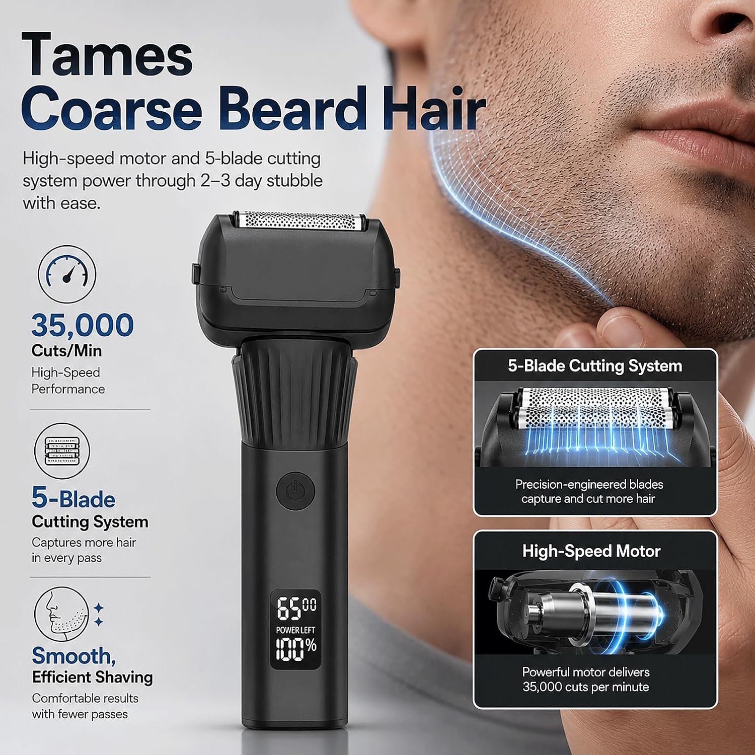 Electric Razor for Men, 5-Blade Foil Shaver, Wet Dry, USB-C, 2-Speed