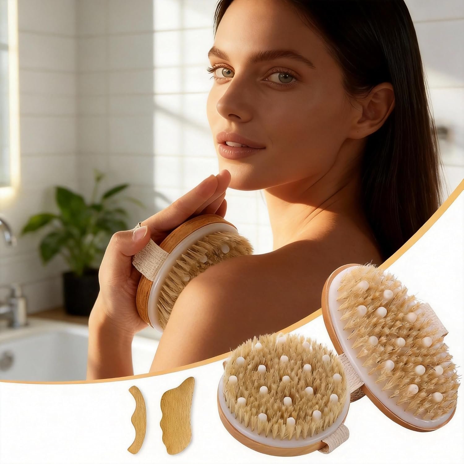 Dry Brushing Body Brush for Lymphatic Drainage-Vegan Dry Brush with Contoured Non-Slip Handle +Wood Therapy Massage Tools. Maderoterapia Kit, Gua Sha, Anti-Cellulite, Body Sculpting, Sensitive Skin