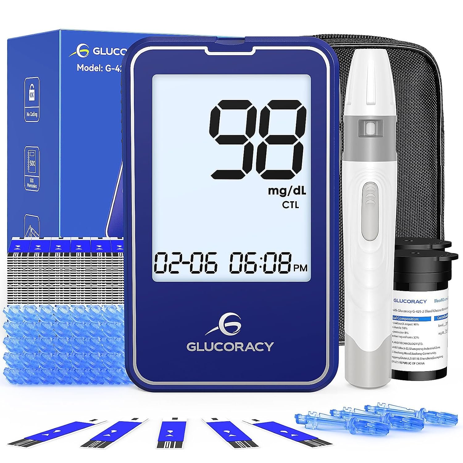 Glucoracy G-425-2 Blood Glucose Monitor Kit,100 Sugar Test Strips,No Coding