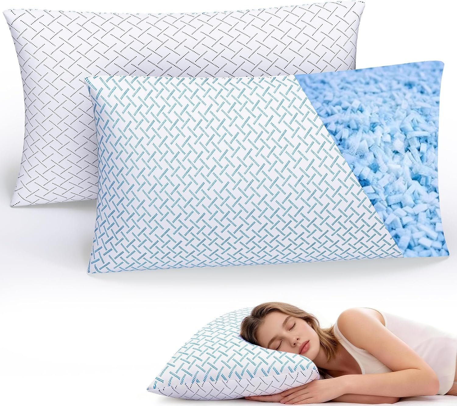 Shredded Memory Foam Cooling Pillows Queen Size Set of 2, Adjustable Height