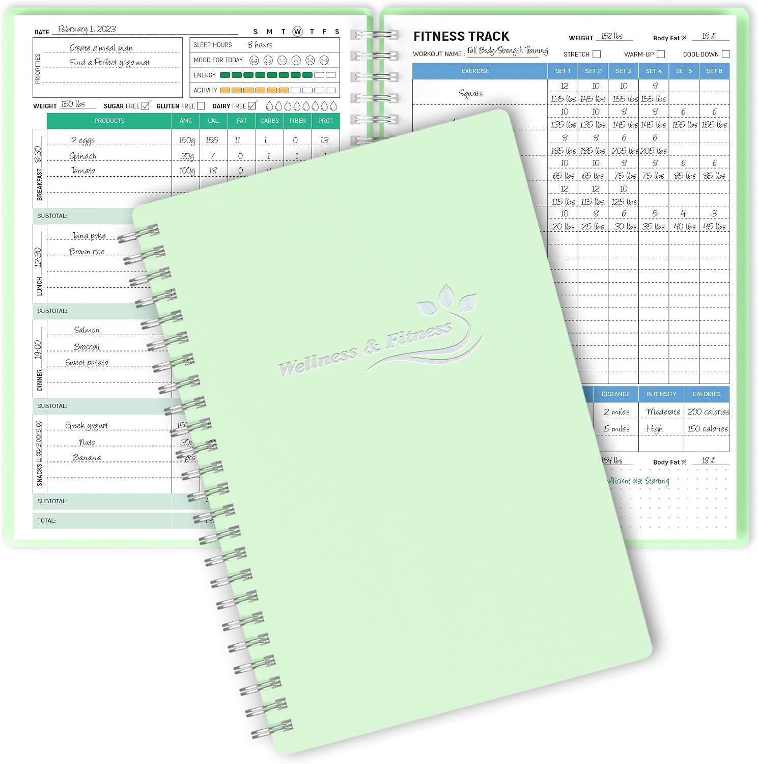 Wellness Planner & Fitness Log – Daily Diet & Health Journal with Weight Loss, Wellness Journal Notebook for Tracking Fitness, Sleep, Nutrition, Meal, Habits, A5(5.8 x 8.6 inch) (Green)