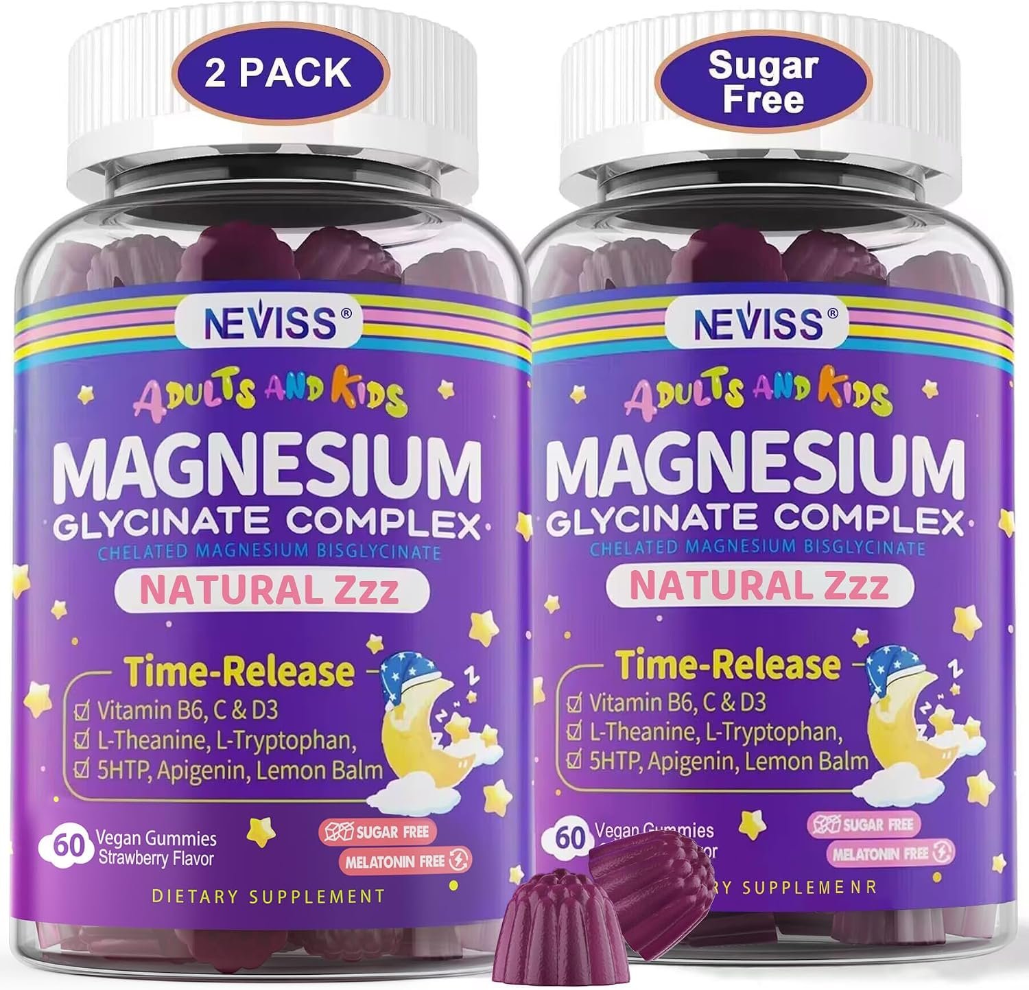 NEVISS Magnesium Glycinate Gummies for Adults & Kids 4+, Sugar Free Magnesium Bisglycinate Supplement 400/200mg with B6D3, L-Theanine for Zzz & Relaxation, Brain, Melatonin Free Gummies, 2Pack