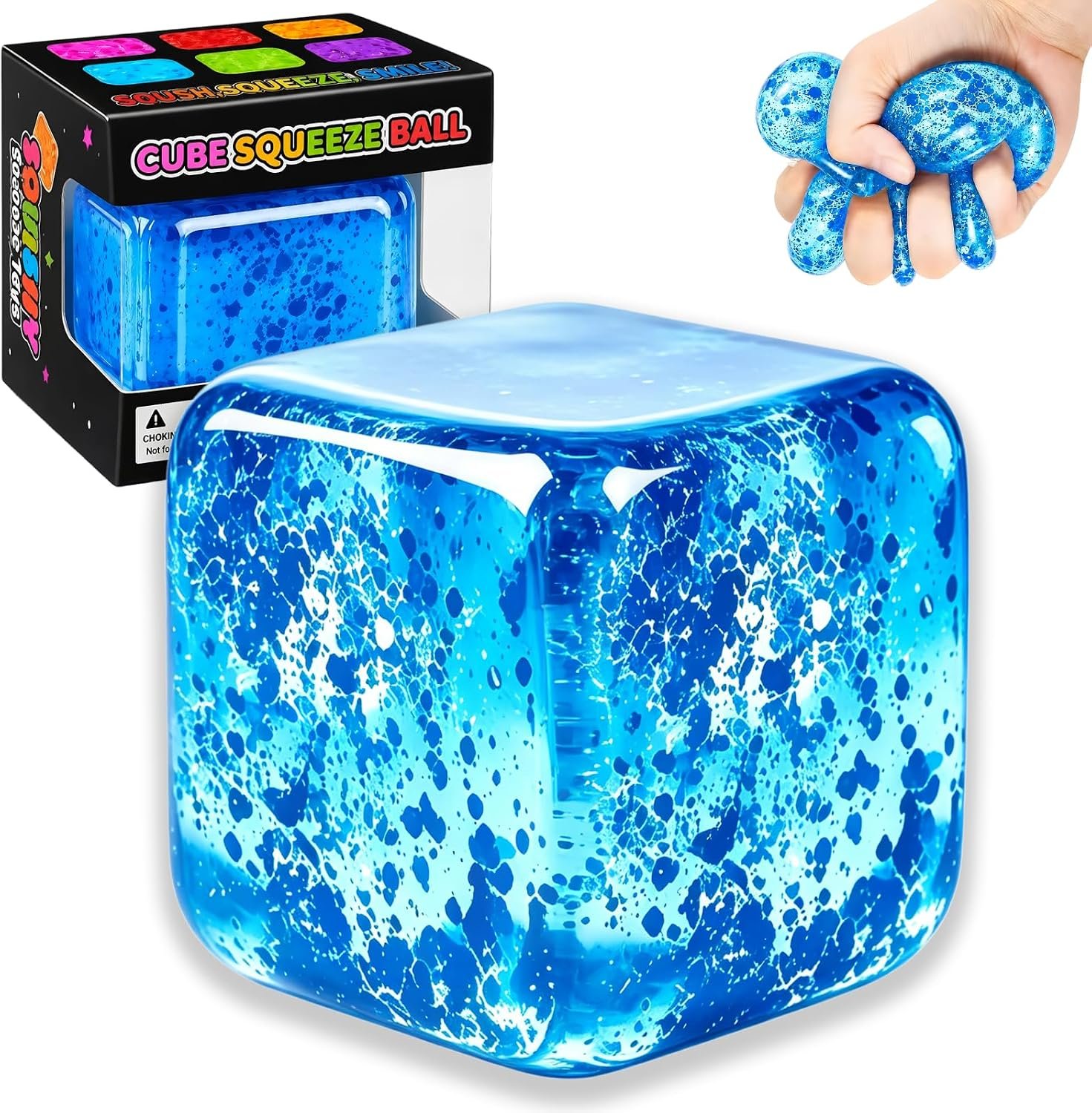 Stress Cube Squishy Stress Balls,Squishy Cube Filled with Glitter,(2.17in) Ice Cube Stress Balls for Adults,Sensory Fidget Toys for Anxiety Stress Relief,Party Favors (Blue Stress Cube)
