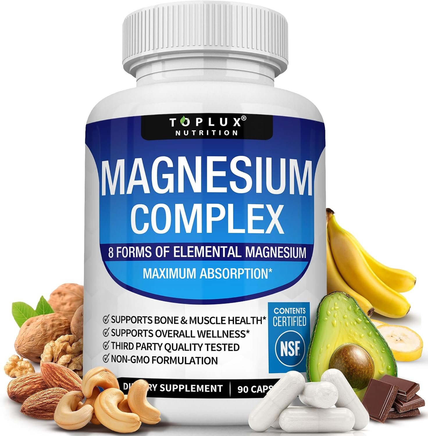 Toplux Magnesium Complex Supplement 8 Elemental – Magnesium Glycinate, Citrate, Malate, Taurate, Chelated for Easy Absorption for Bones, Muscle, Recovery, Energy, Vegan Non-GMO 90 Capsules